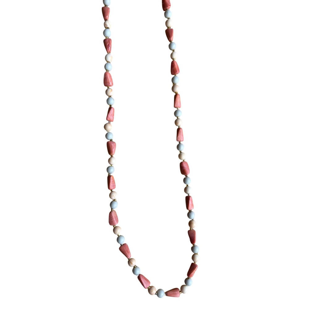 Vintage Beaded Long Strand Necklace Coral Pink Blue Cream Boho Layering Boho